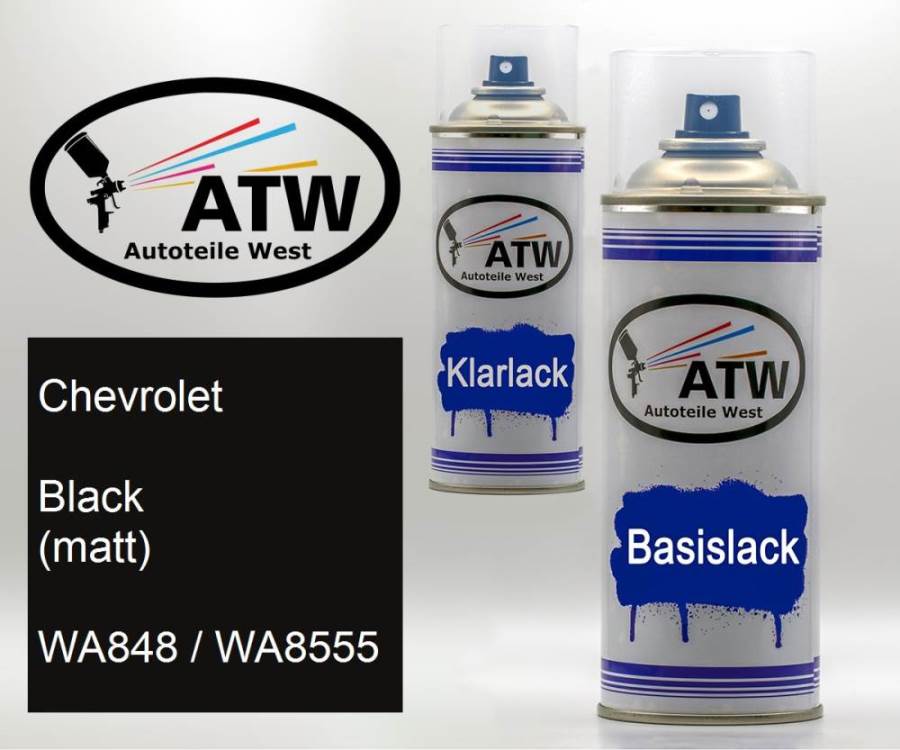 Chevrolet, Black (matt), WA848 / WA8555: 400ml Sprühdose + 400ml Klarlack - Set, von ATW Autoteile West.